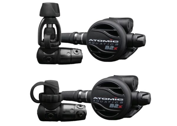 Atomic Aquatics B2x Regulator yoke and din first stage models with second stages and hoses